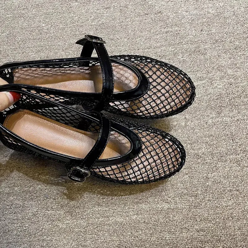 Mesh Crystal Pearl Flat Shoes Woman Square Toe Office Lady Luxury Shoes Big Size Mary Janes Shoes 2024 New Spring Single Shoes