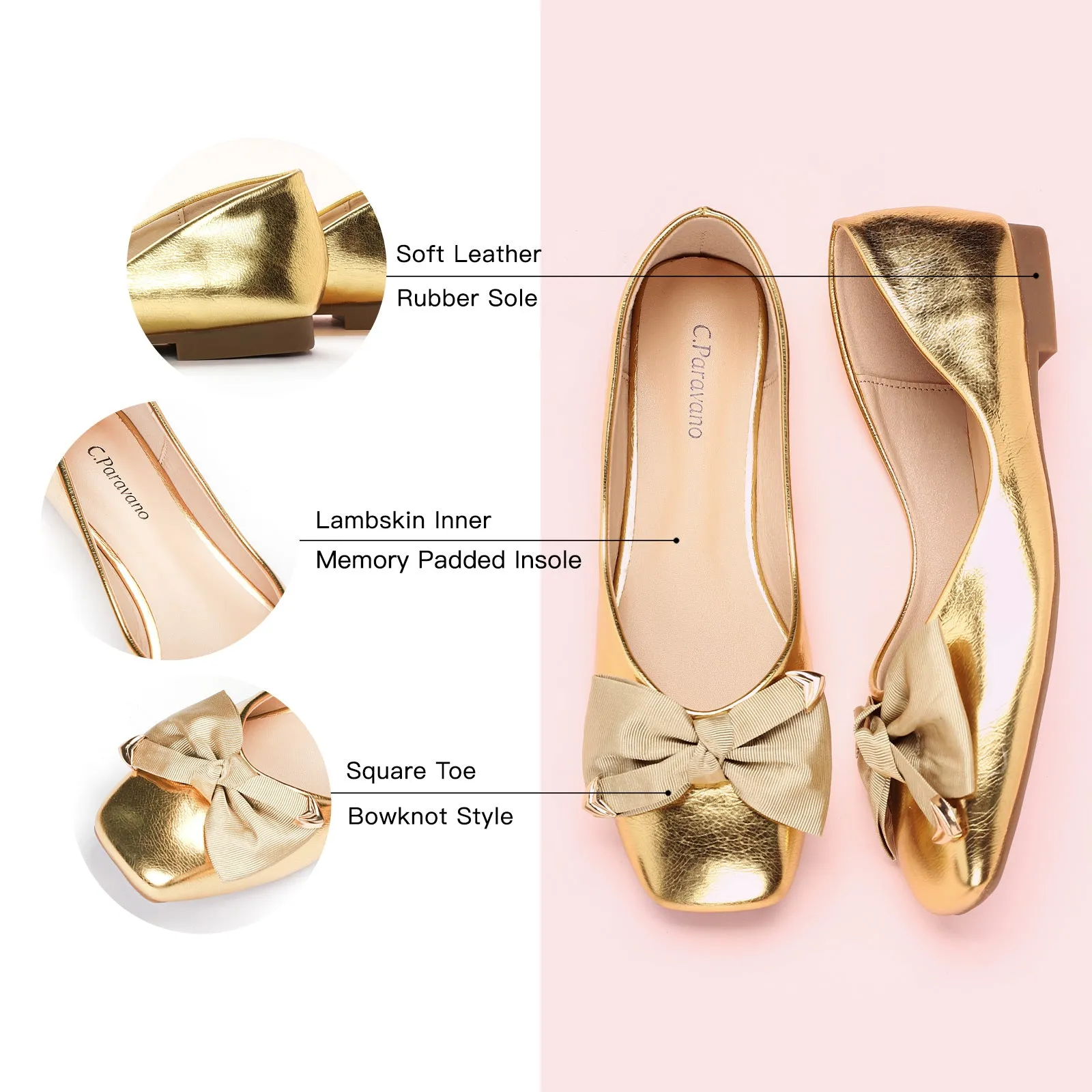 Metal Bow Ballerina Flats (Eva) Gold