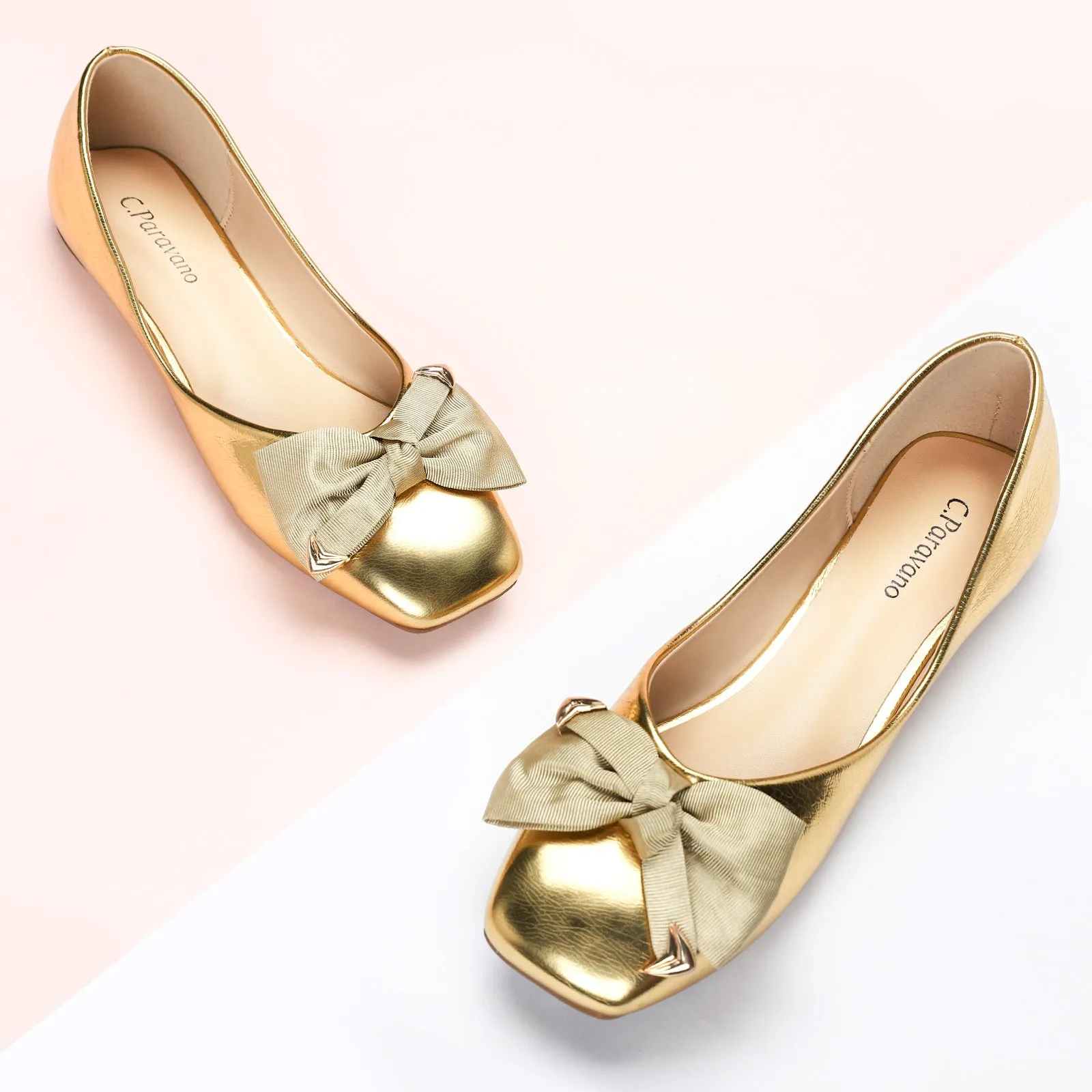 Metal Bow Ballerina Flats (Eva) Gold