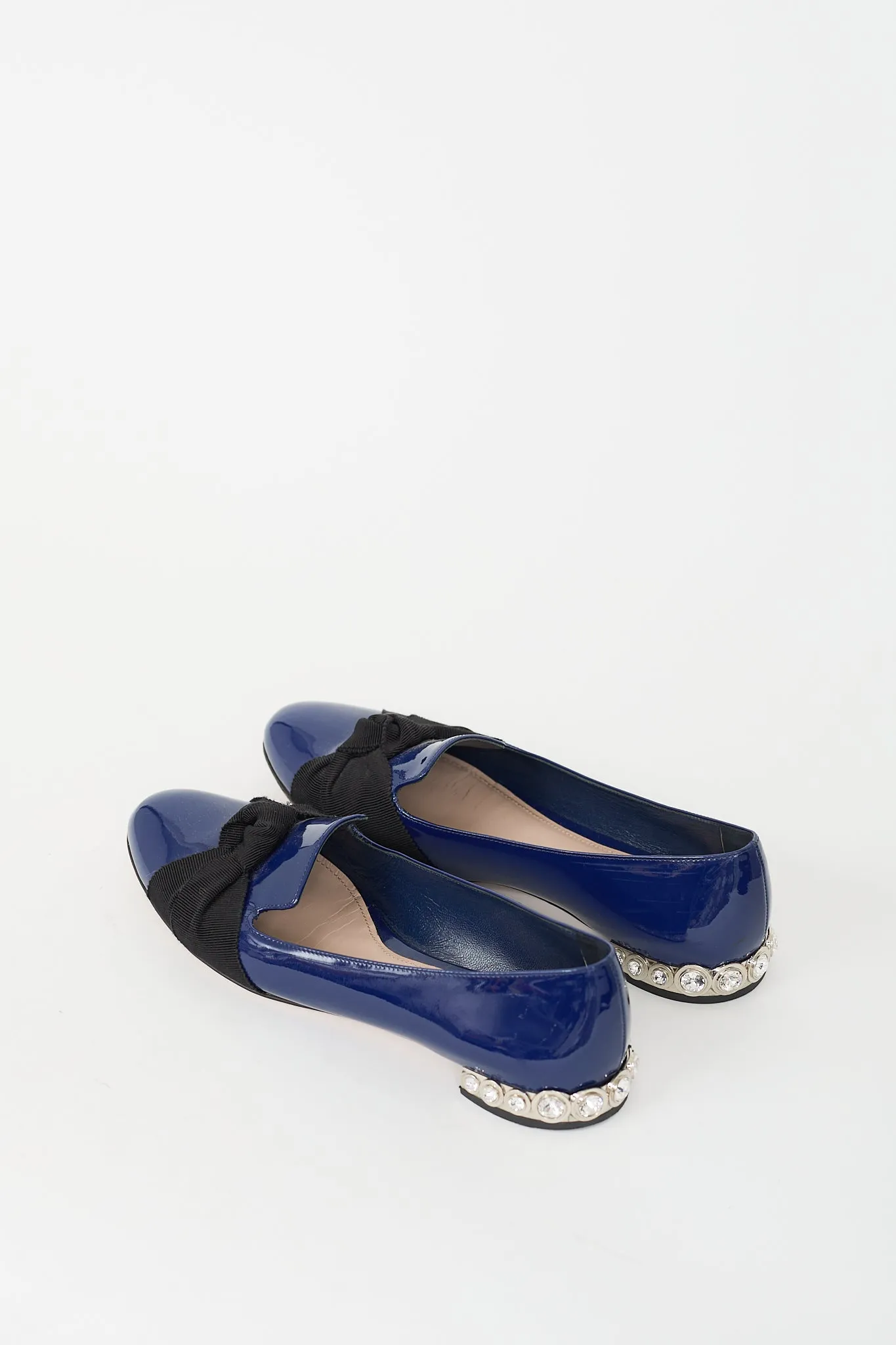Navy Patent Leather Bow & Crystal Flat