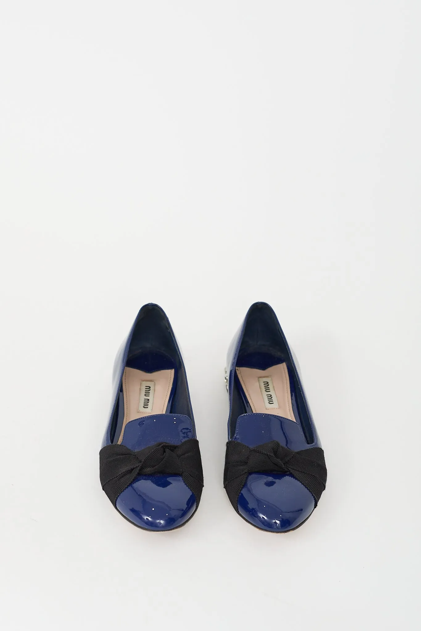 Navy Patent Leather Bow & Crystal Flat