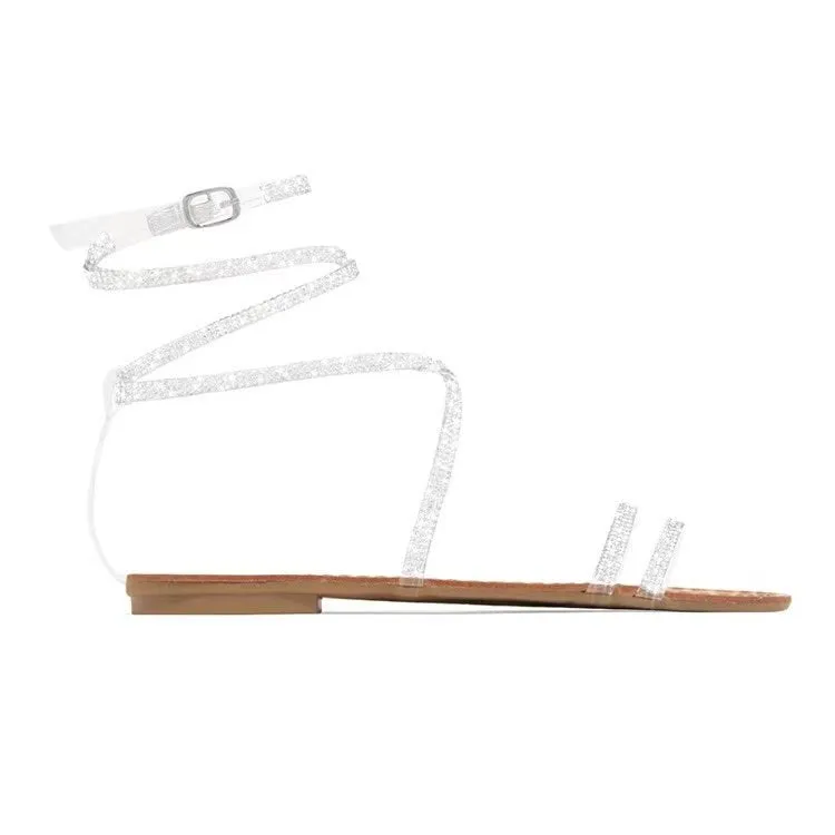 New Summer Women Retro Rhinestone Cross Strap Flat Sandals