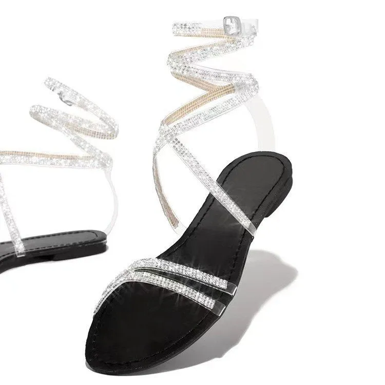 New Summer Women Retro Rhinestone Cross Strap Flat Sandals