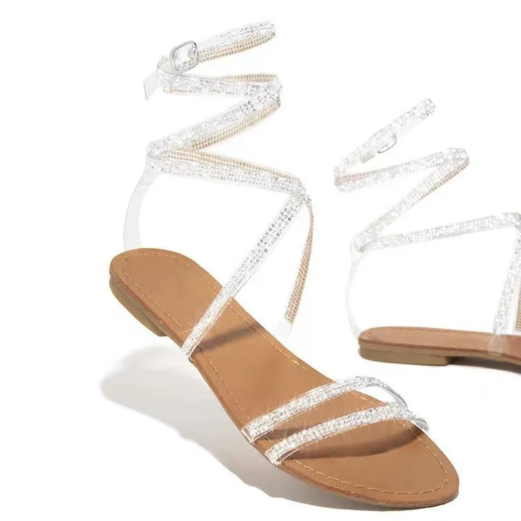 New Summer Women Retro Rhinestone Cross Strap Flat Sandals