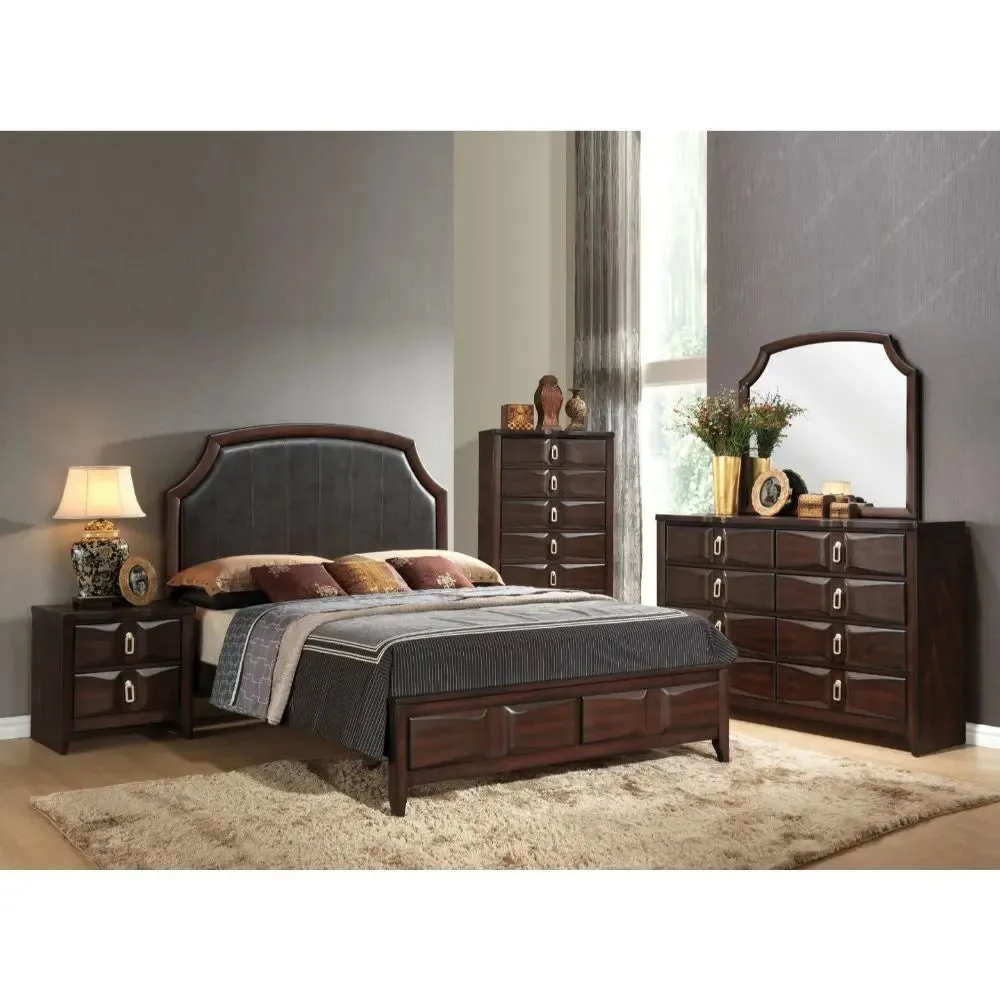 Paloma King Bed w/Raised Beveled Panels, Espresso Faux Leather & Espresso