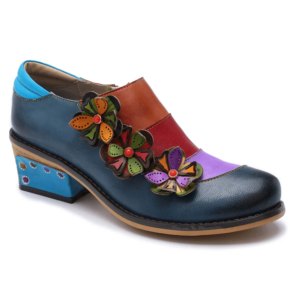 Retro Flowers Splicing Genuine Leather Comfortable Flat Shoes