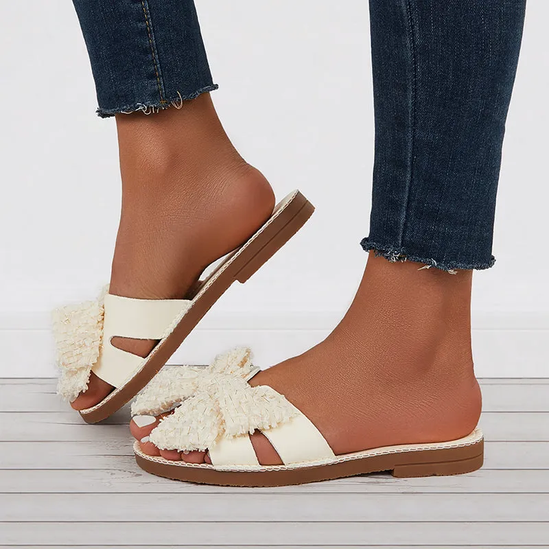 Sohiwoo Women Comfy Bowknot Flat Round Toe Outdoor Slide Sandals
