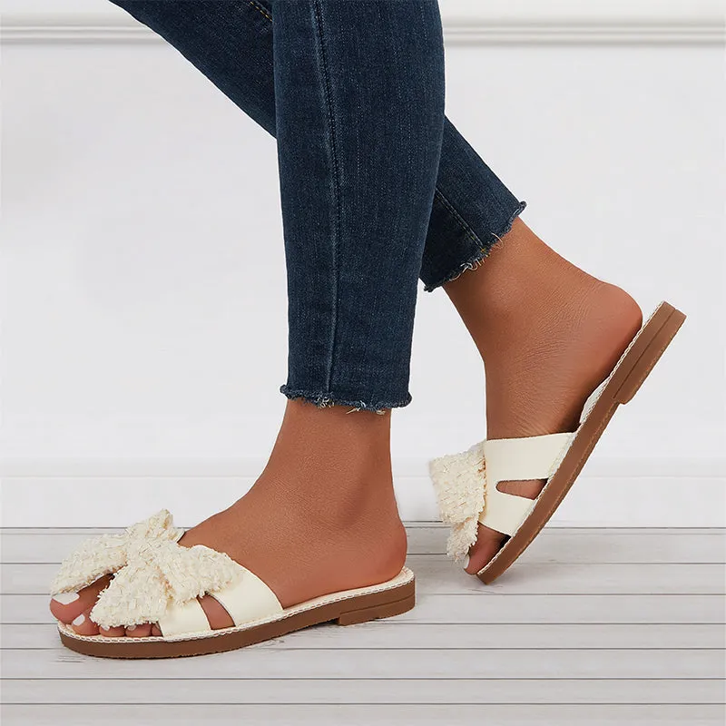 Sohiwoo Women Comfy Bowknot Flat Round Toe Outdoor Slide Sandals