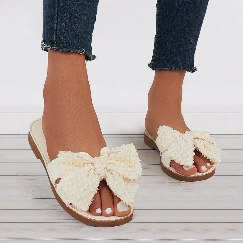 Sohiwoo Women Comfy Bowknot Flat Round Toe Outdoor Slide Sandals