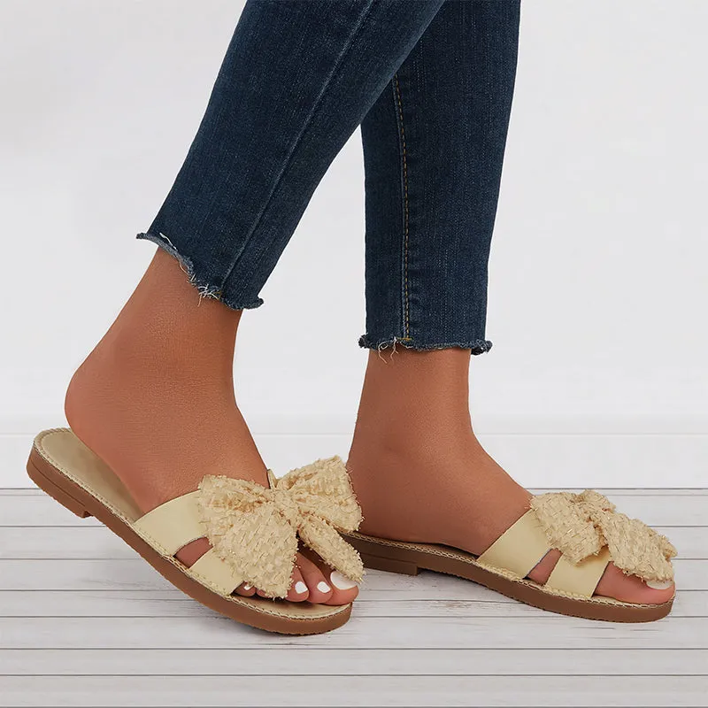 Sohiwoo Women Comfy Bowknot Flat Round Toe Outdoor Slide Sandals