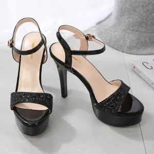 Thick Sole Buckle Strap Open Toe Pumps - Black