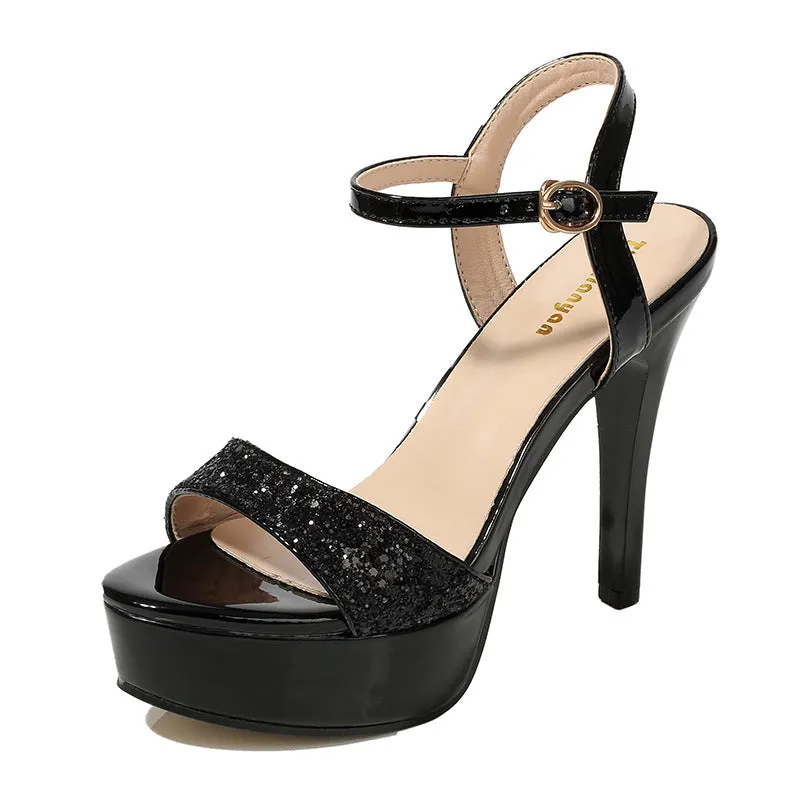 Thick Sole Buckle Strap Open Toe Pumps - Black