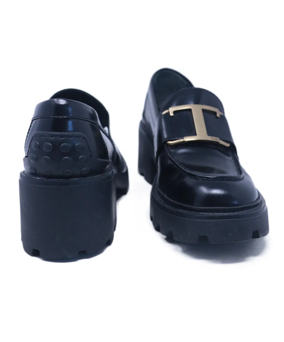 Tod's Black Leather Platform Loafers sz 5