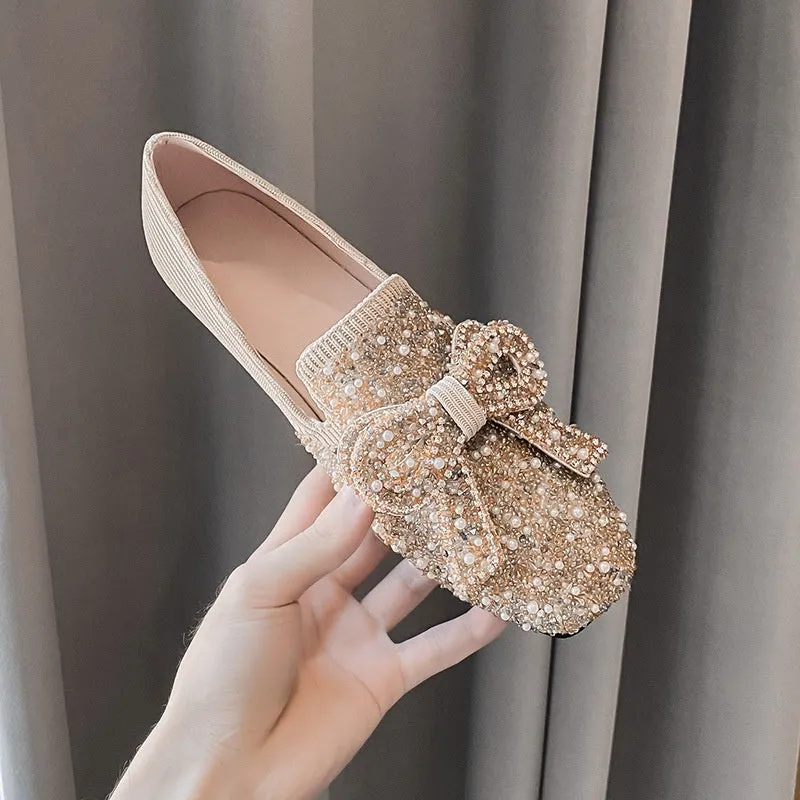 vanccy Crystal Bow Flat Breathable Loafers