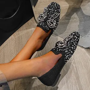 vanccy Crystal Bow Flat Breathable Loafers