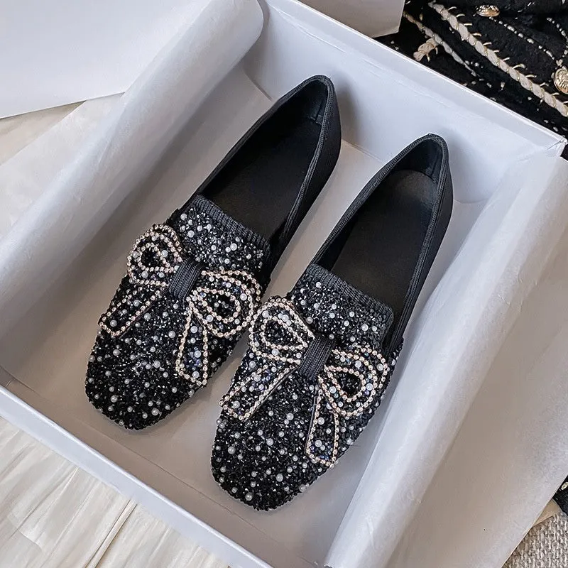 vanccy Crystal Bow Flat Breathable Loafers