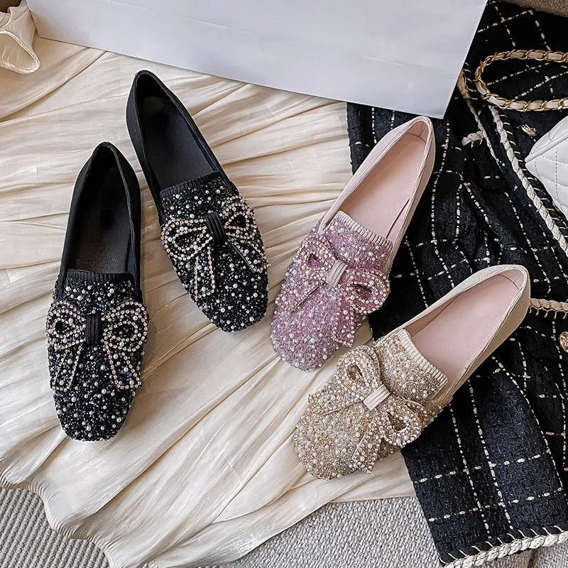 vanccy Crystal Bow Flat Breathable Loafers