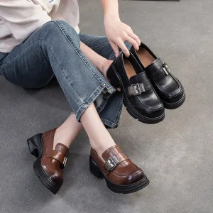 Women Retro Buckle Leather Chunky Heel Loafers