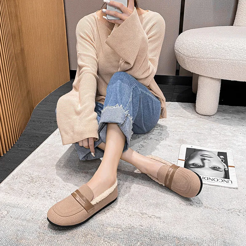 Women Retro Frosted Cowhide Furred Casual Loafers