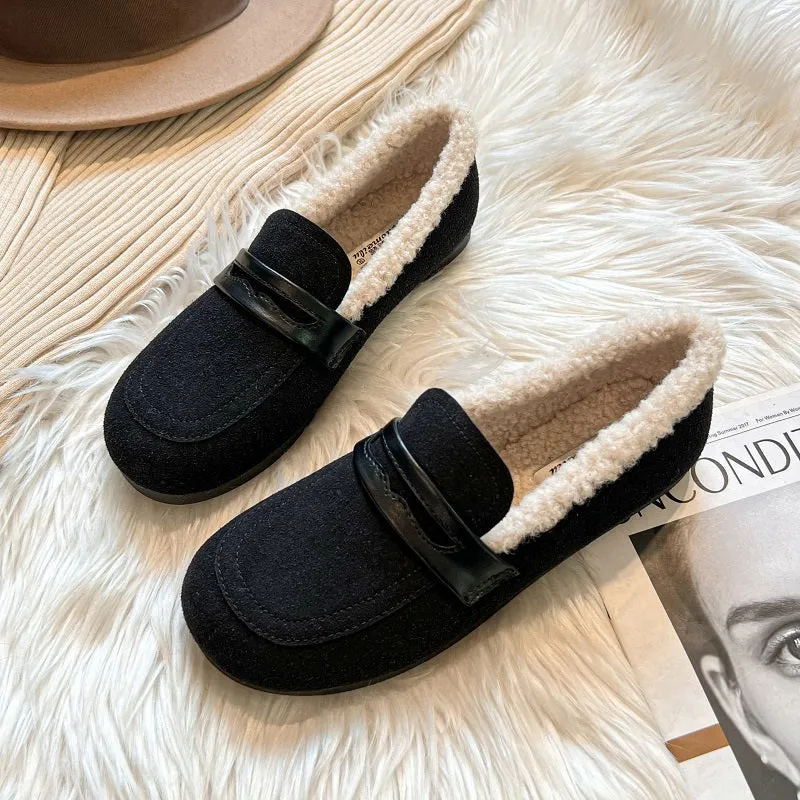 Women Retro Frosted Cowhide Furred Casual Loafers