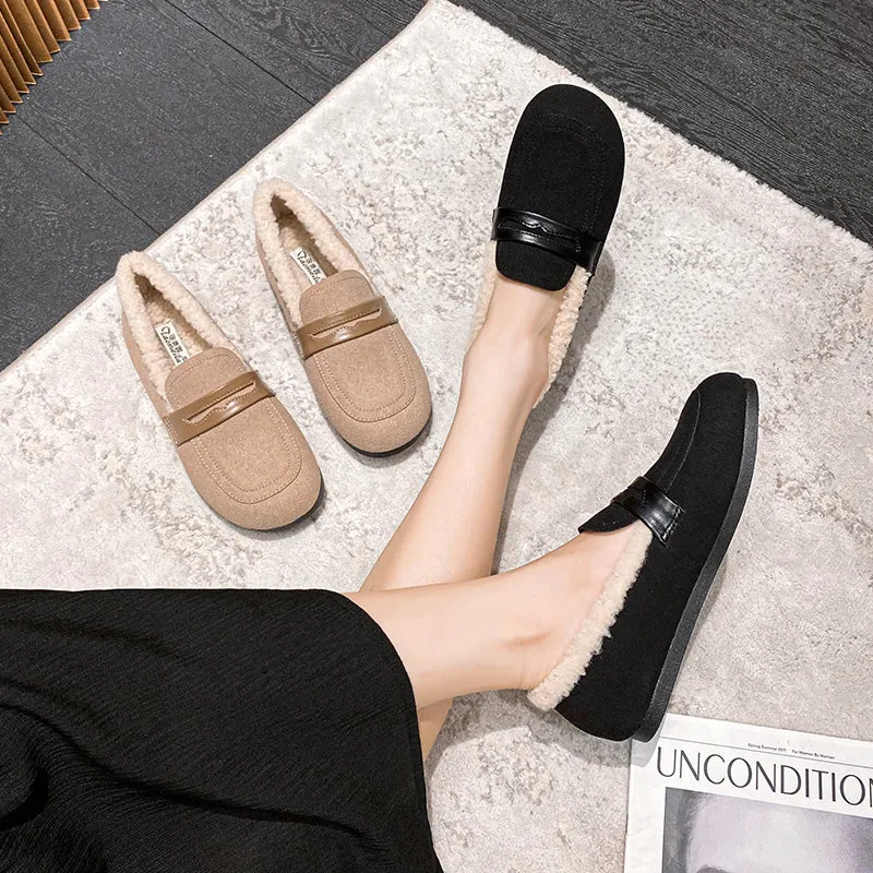 Women Retro Frosted Cowhide Furred Casual Loafers