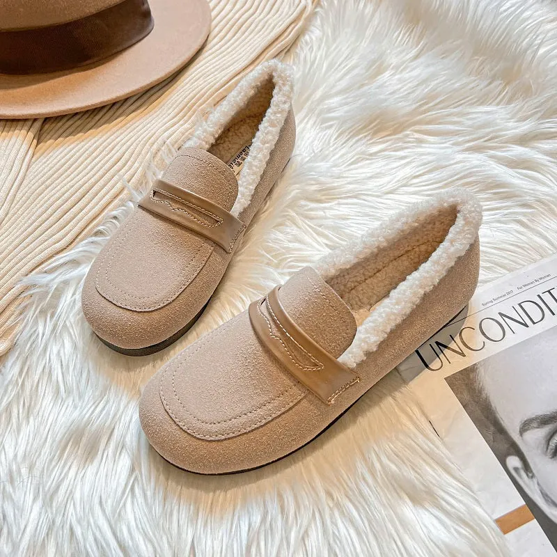 Women Retro Frosted Cowhide Furred Casual Loafers