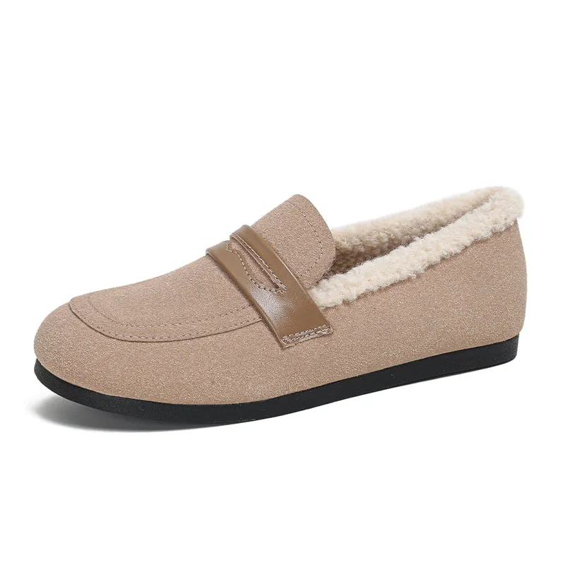 Women Retro Frosted Cowhide Furred Casual Loafers