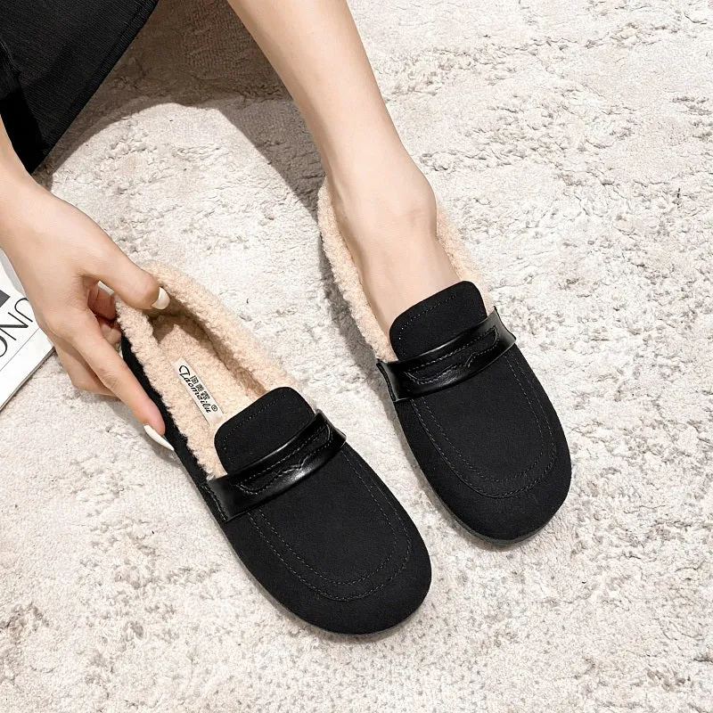Women Retro Frosted Cowhide Furred Casual Loafers