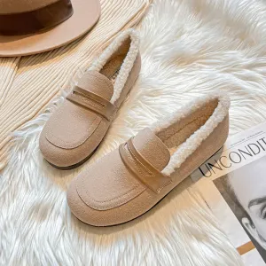 Women Retro Frosted Cowhide Furred Casual Loafers