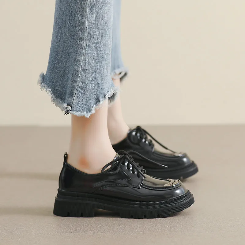 Women Retro Patchwork Lace-up Thick Soled Loafers