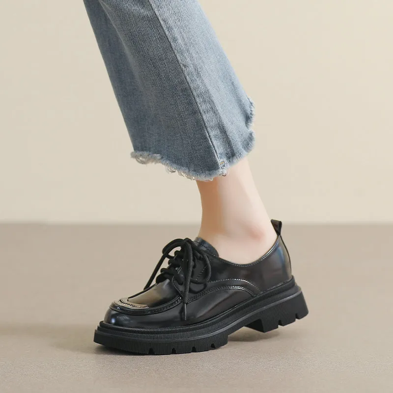 Women Retro Patchwork Lace-up Thick Soled Loafers
