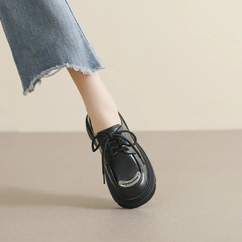 Women Retro Patchwork Lace-up Thick Soled Loafers