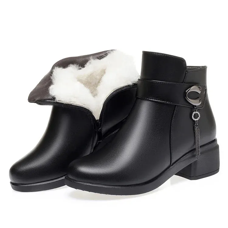 Women's Genuine Leather Metal Buckle Velvet Boots