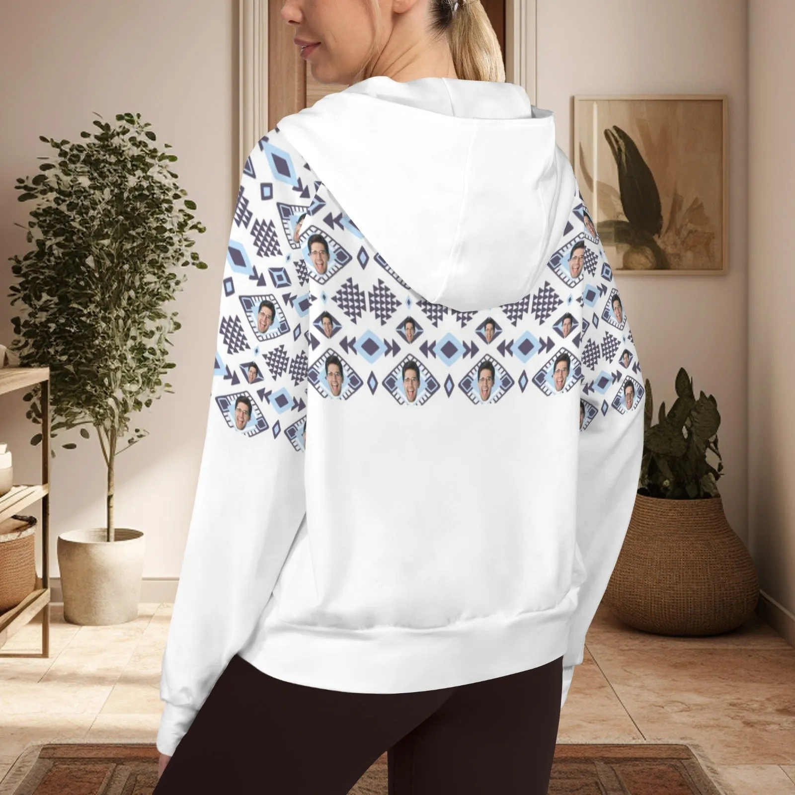 Women's Half Zip Cropped Hoodies Custom Face Ethnic Fleece Athletic Pullover Hoodies with Pockets Thumb Hole