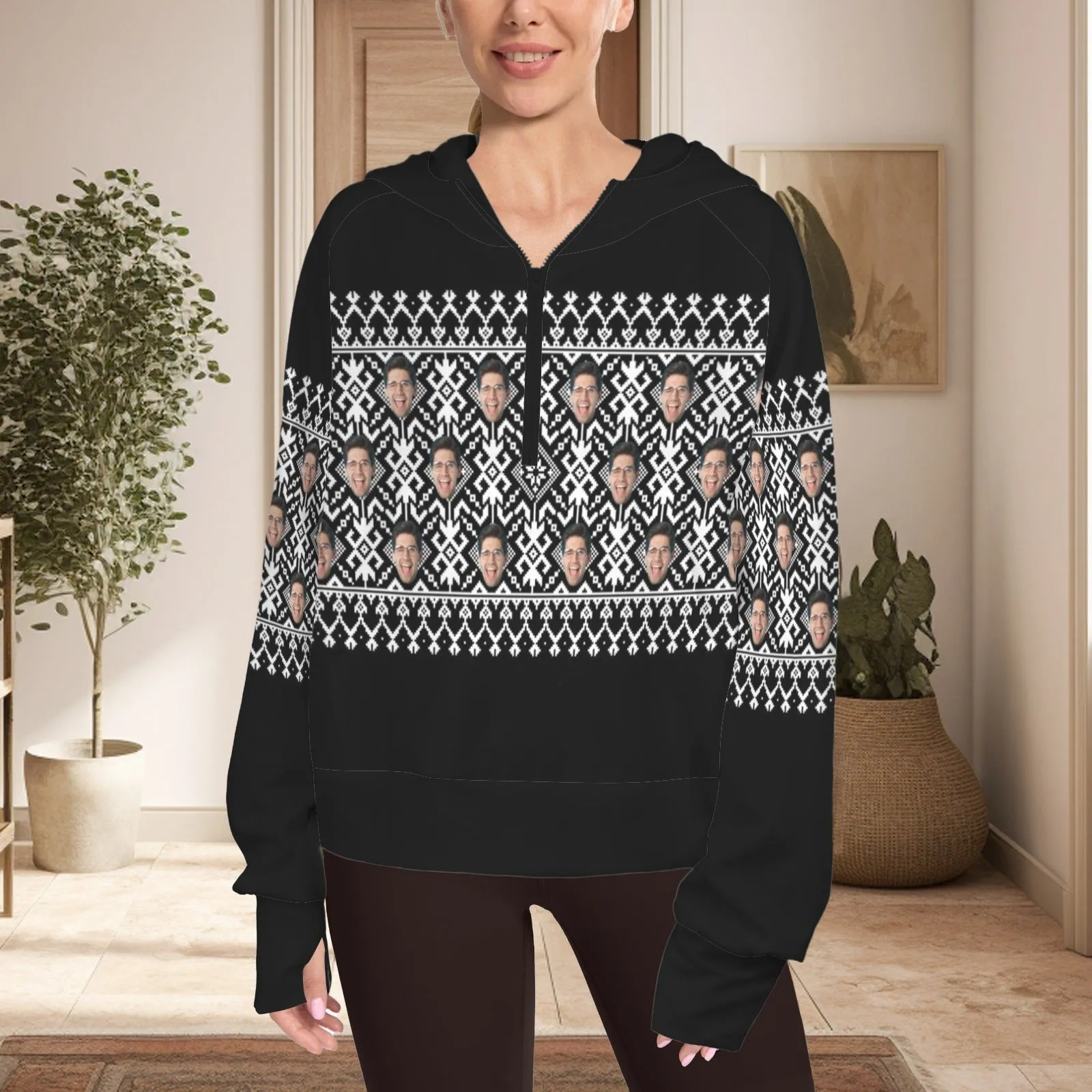 Women's Half Zip Cropped Hoodies Custom Face Ethnic Fleece Athletic Pullover Hoodies with Pockets Thumb Hole