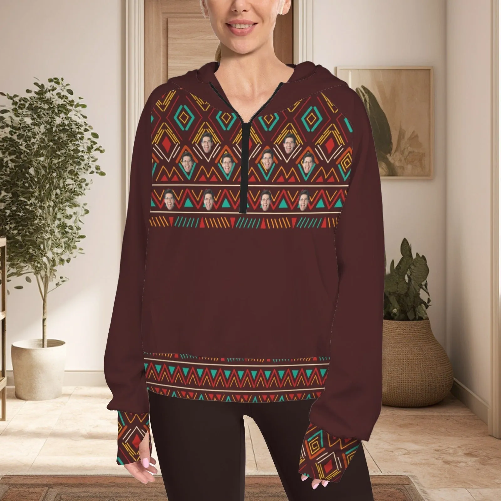 Women's Half Zip Cropped Hoodies Custom Face Ethnic Fleece Athletic Pullover Hoodies with Pockets Thumb Hole