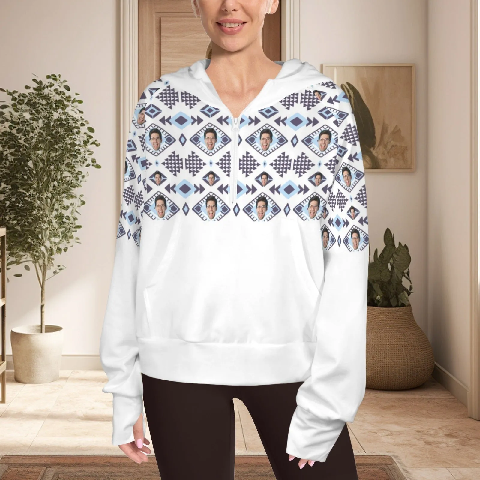 Women's Half Zip Cropped Hoodies Custom Face Ethnic Fleece Athletic Pullover Hoodies with Pockets Thumb Hole
