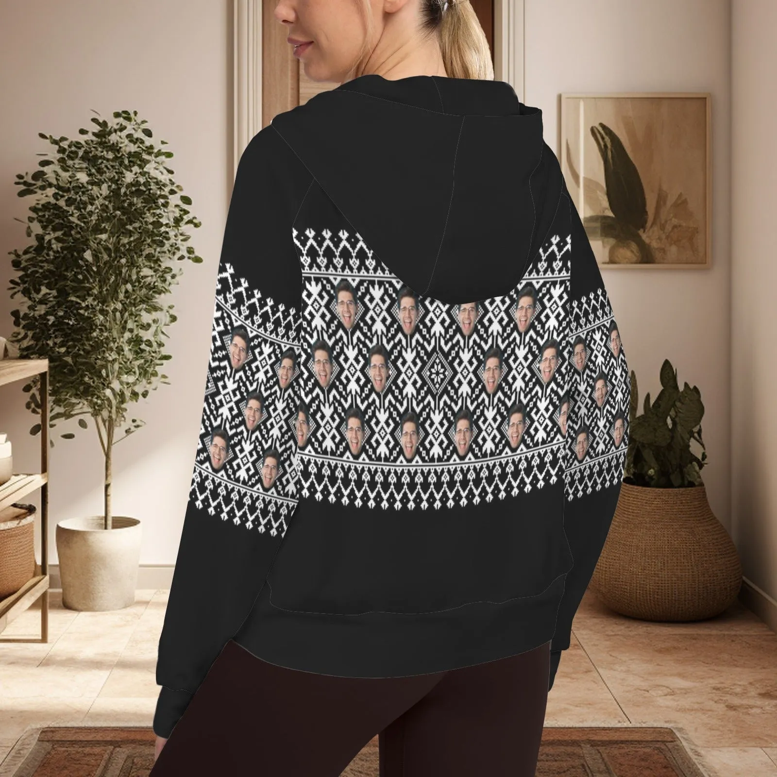 Women's Half Zip Cropped Hoodies Custom Face Ethnic Fleece Athletic Pullover Hoodies with Pockets Thumb Hole