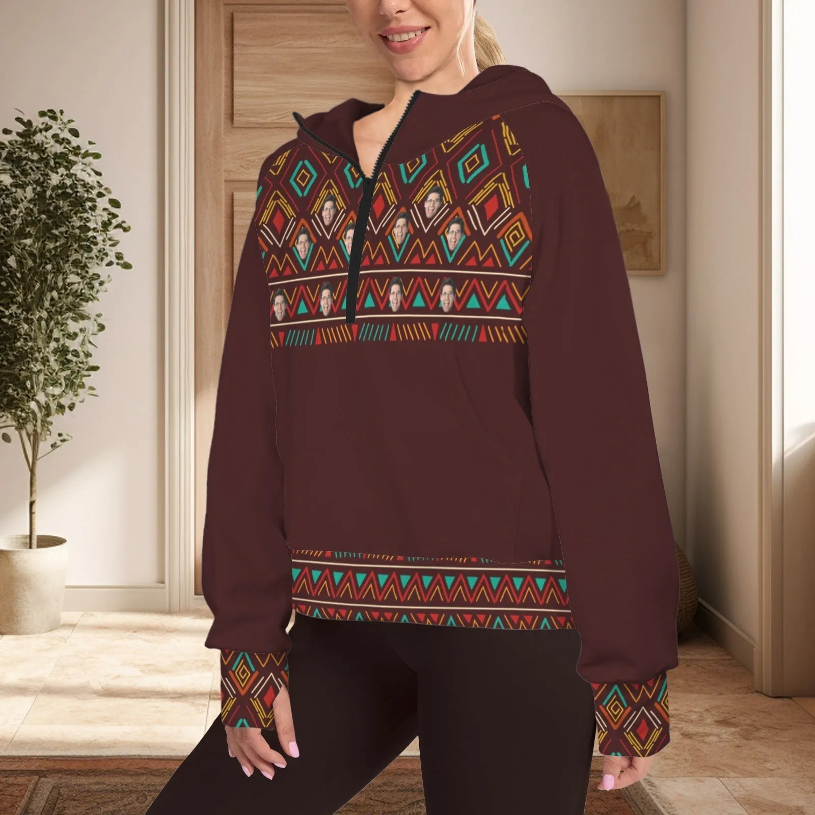 Women's Half Zip Cropped Hoodies Custom Face Ethnic Fleece Athletic Pullover Hoodies with Pockets Thumb Hole