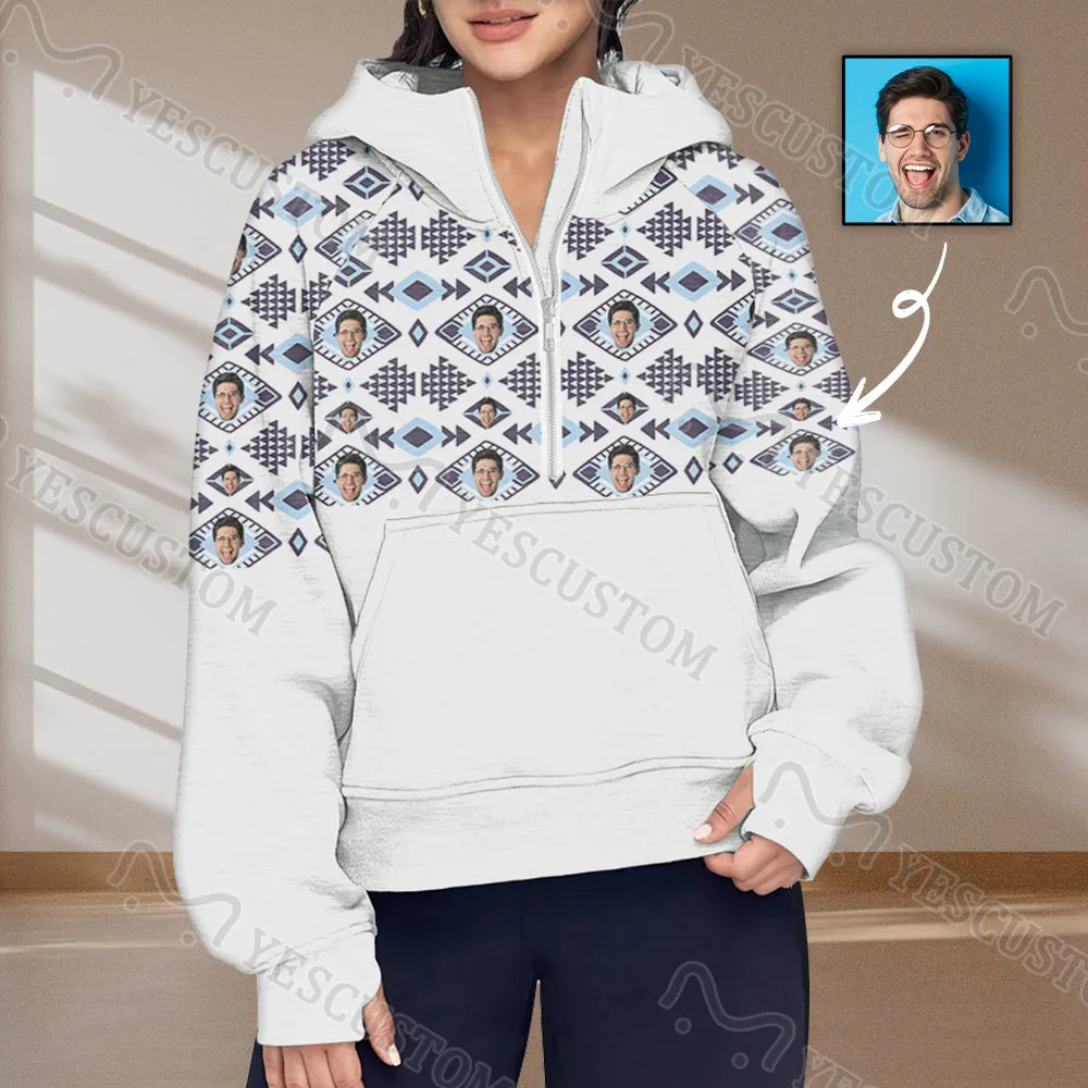 Women's Half Zip Cropped Hoodies Custom Face Ethnic Fleece Athletic Pullover Hoodies with Pockets Thumb Hole