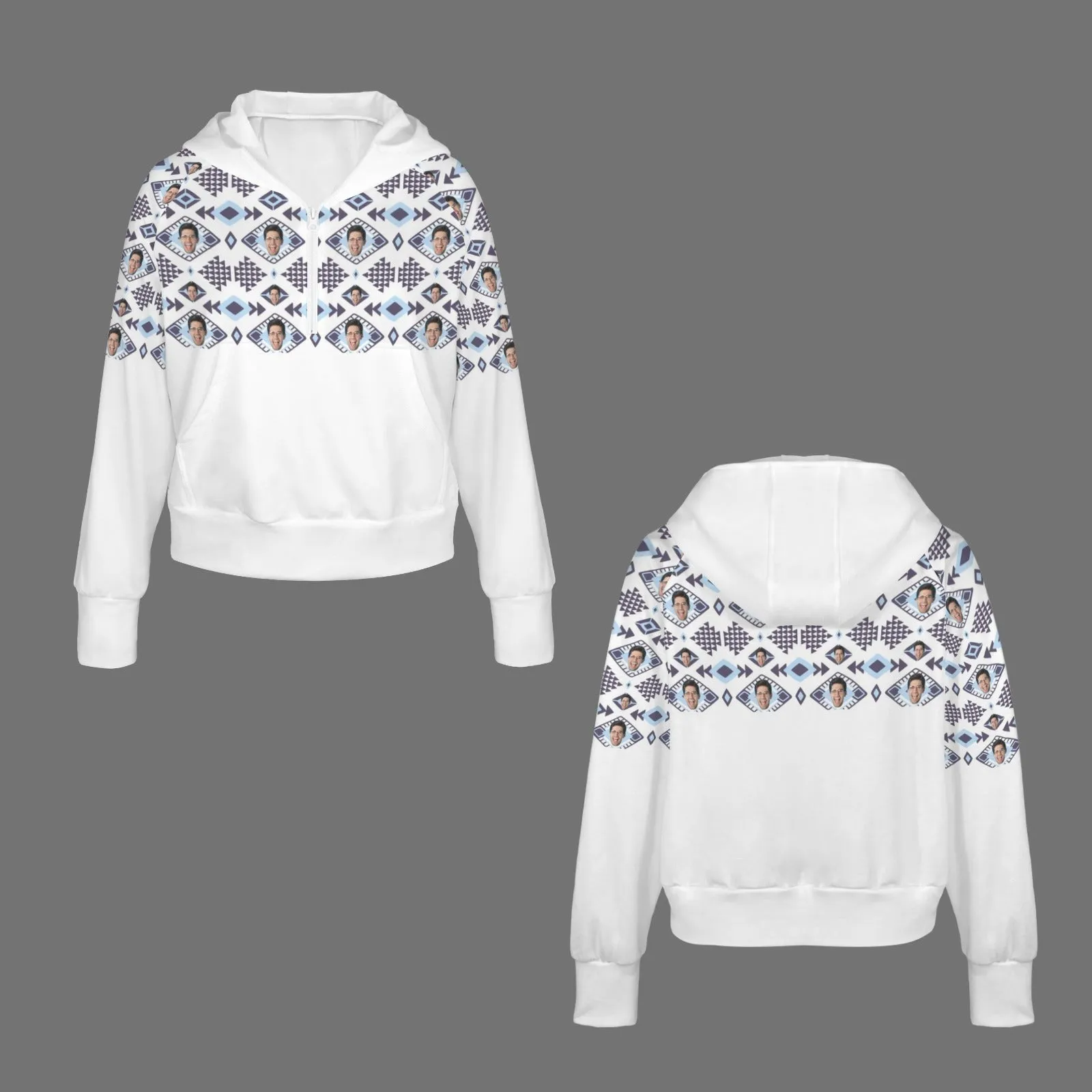 Women's Half Zip Cropped Hoodies Custom Face Ethnic Fleece Athletic Pullover Hoodies with Pockets Thumb Hole