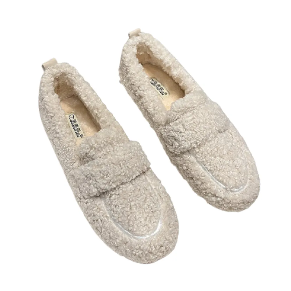 Women's winter plush shoes fashion chain round head warm loafers
