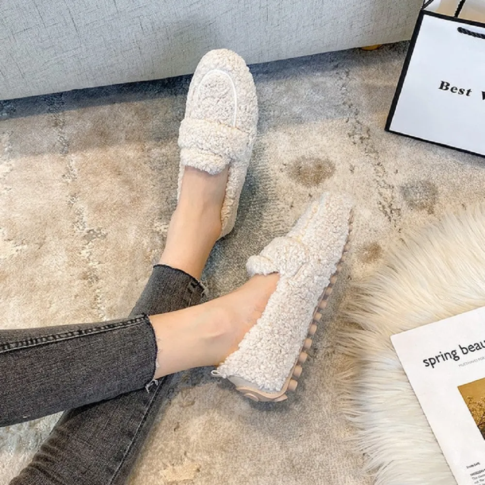Women's winter plush shoes fashion chain round head warm loafers