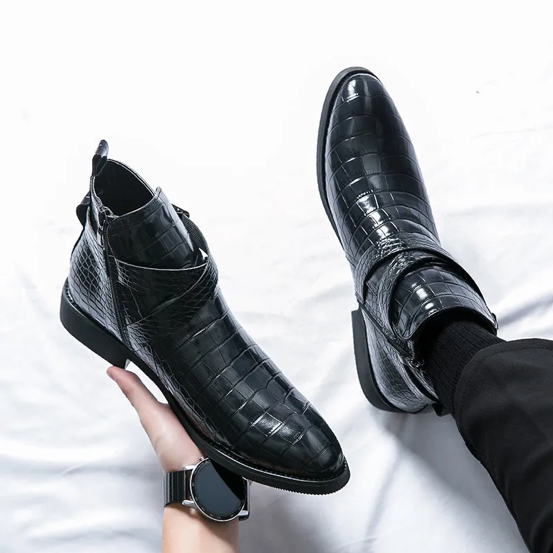 Zipper Embossed High Top Leather Shoes Men Vintage Martin Boots | 6805